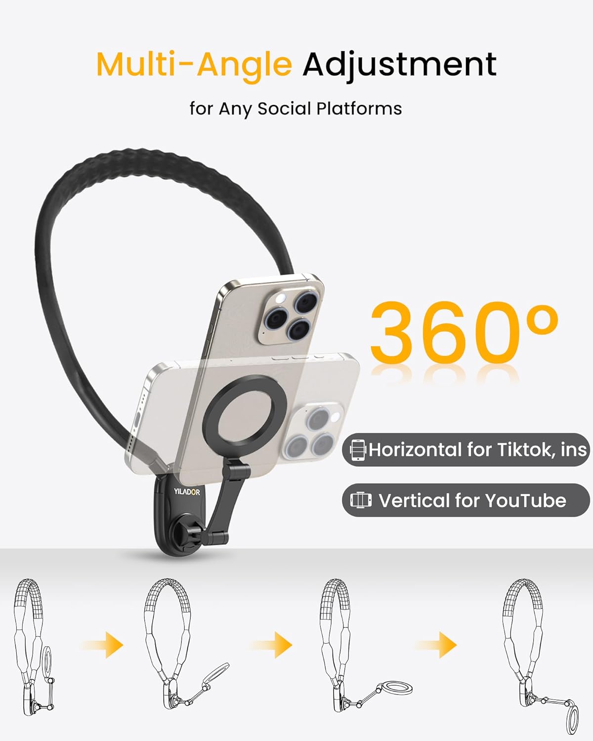 Magnetic Neck Phone Holder for Recording, Hands Free POV/Vlog Video Filming, 4 in 1 Phone Chest Mount for Cooking/Riding/Indoor/Outdoor, Content Creator Essentials for iPhone Android GoPro DJ (Black)